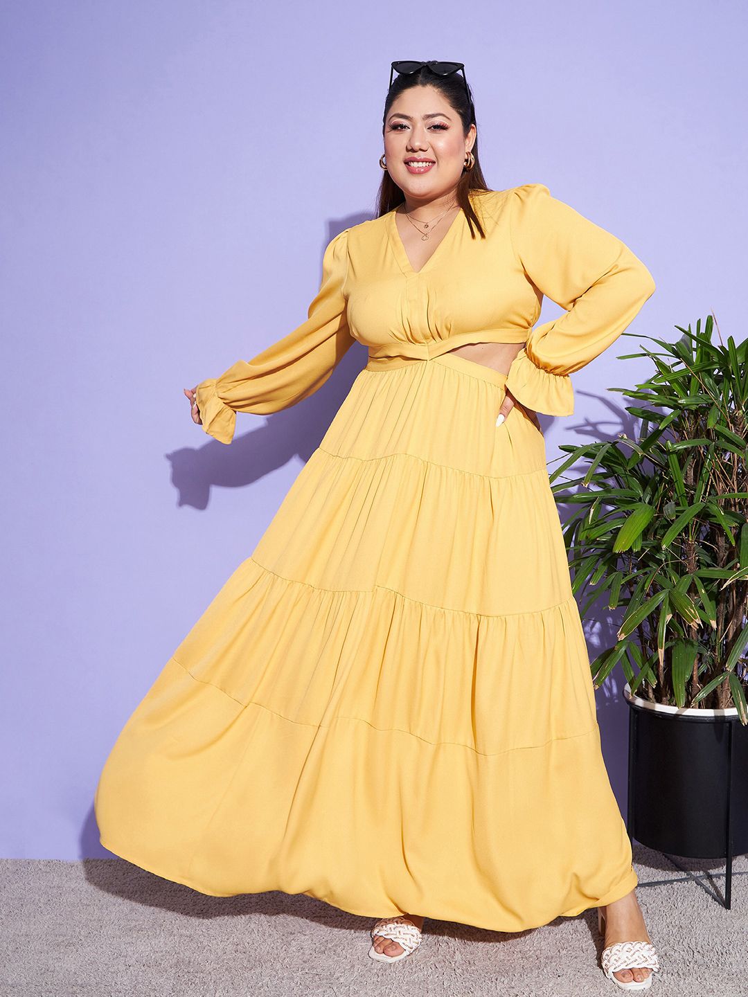 SASSAFRAS Curve Mustard Yellow Plus Size Cut-Out Detail Puff Sleeves Tiered Maxi Dress