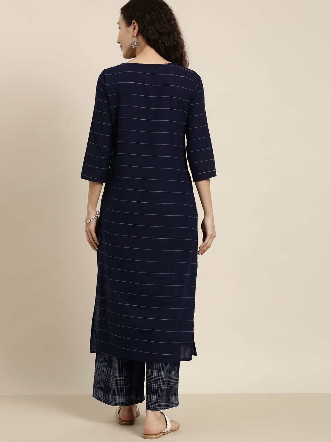 Vishudh Women Navy Blue Striped Kurta with Palazzo
