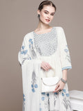 Anouk Women Floral Yoke Design Regular Mirror Work Cotton Kurta with Trousers & Dupatta