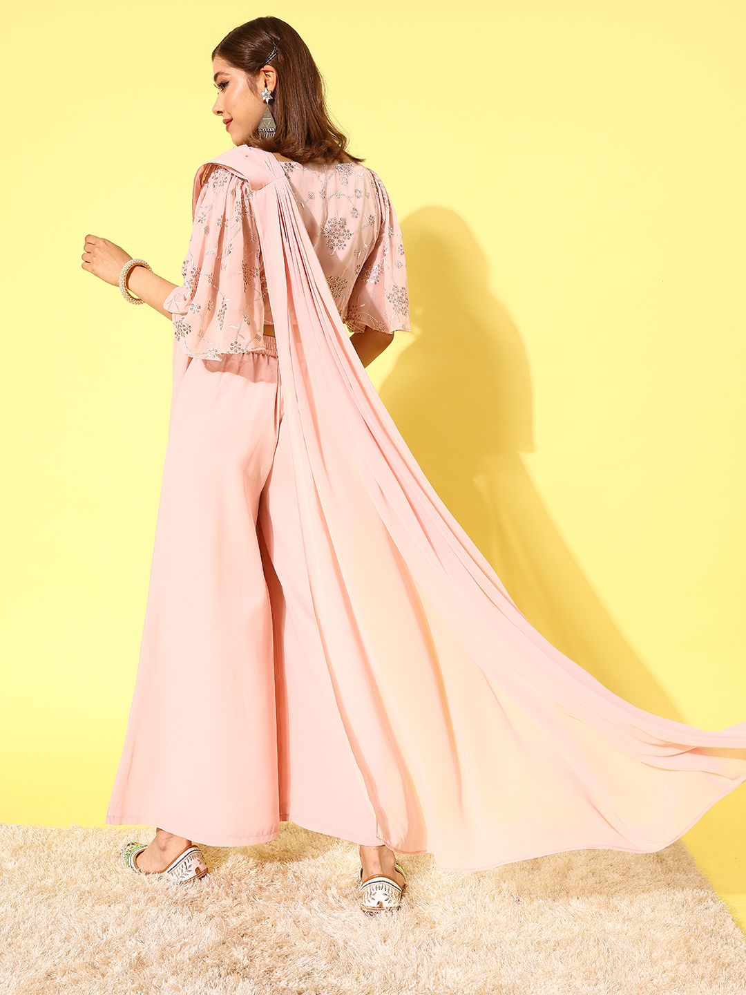 Libas Pink Floral Embroidered Pure Georgette Palazzo Saree