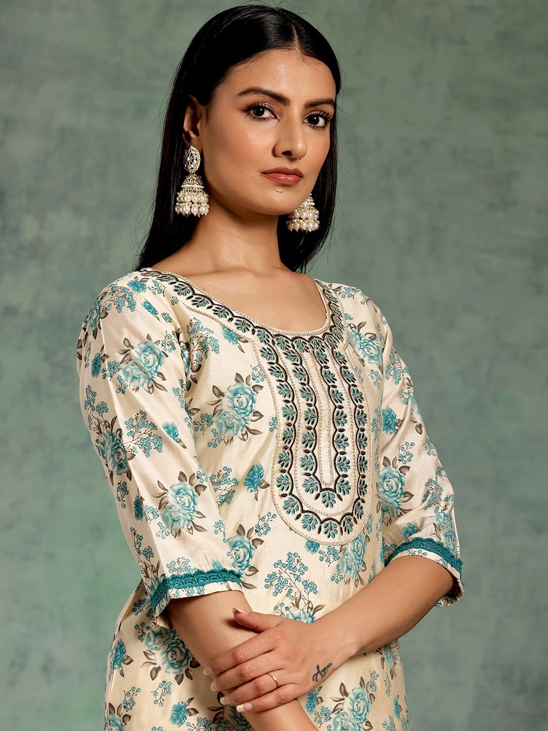 Libas Floral Printed Regular Chanderi Silk Kurta with Palazzos