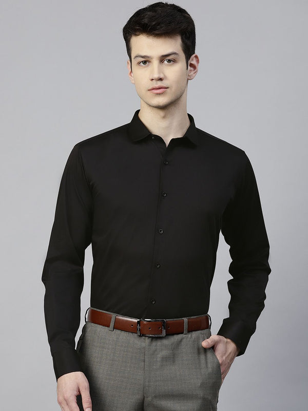 MANQ Men Black Slim Fit Solid Party Shirt