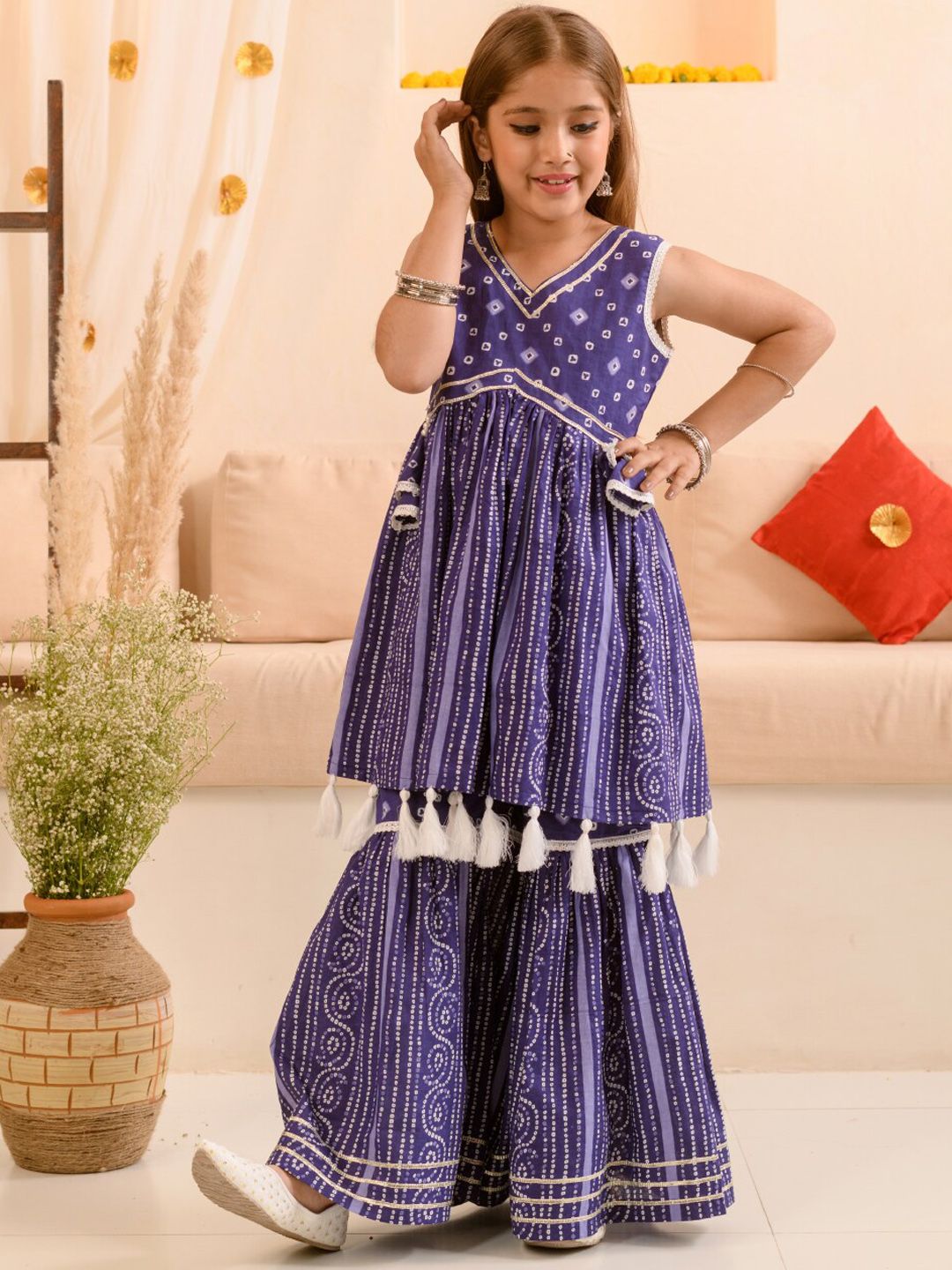 pspeaches Girls Bandhani Printed Pure Cotton Anarkali Kurta With Sharara