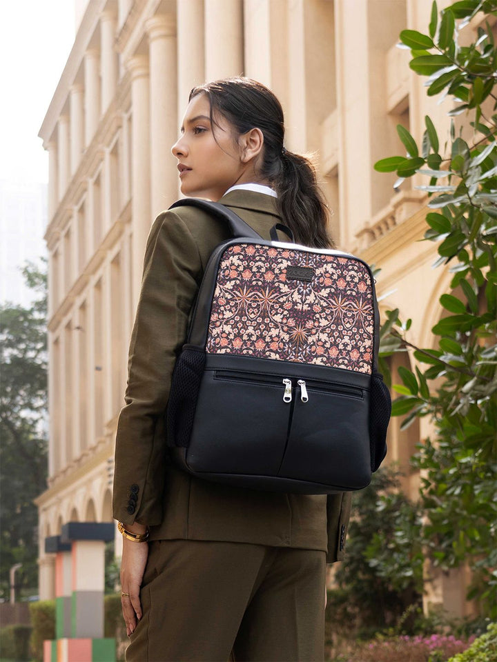 ZOUK  Women Ethnic Printed Vegan Leather Backpack With Compression Straps-Up to 16 inch