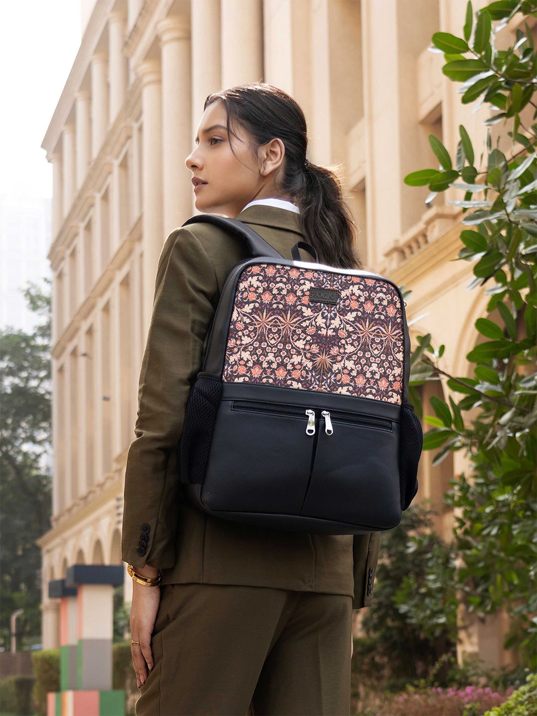 ZOUK  Women Ethnic Printed Vegan Leather Backpack With Compression Straps-Up to 16 inch