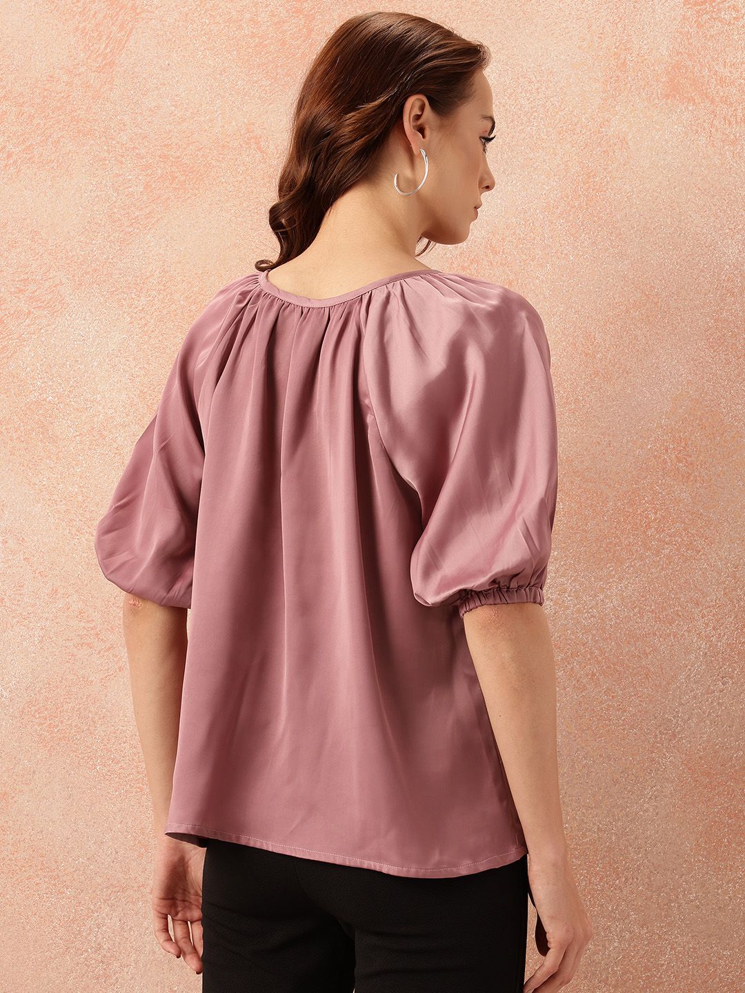 all about you Tie-Up Neck Puff Sleeves Gathered Detail Satin-Finish Top