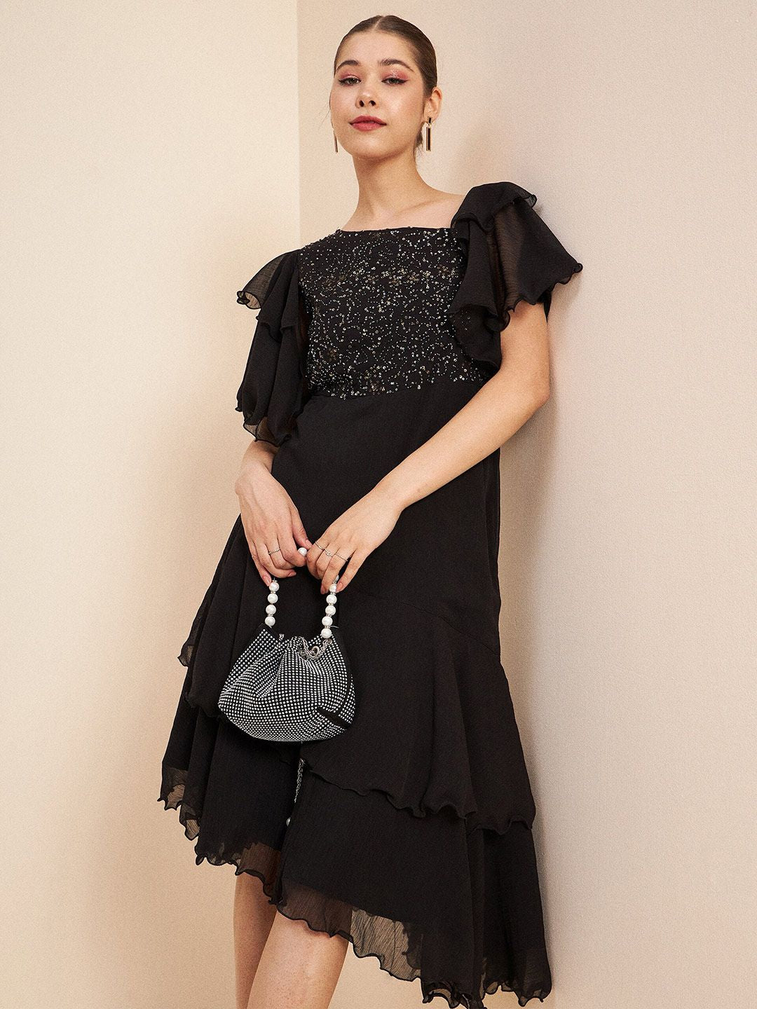 Antheaa Black V-Neck Flutter Sleeve Embellished Detail Fit & Flare Dress