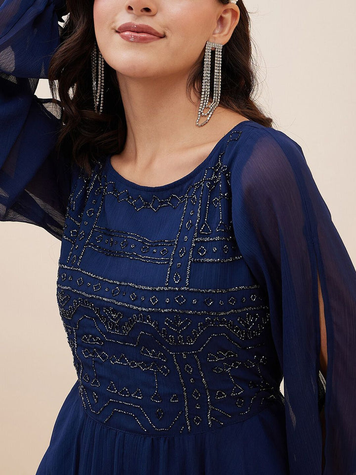 Antheaa Embellished Slit Sleeve Chiffon Fit & Flare Midi Dress
