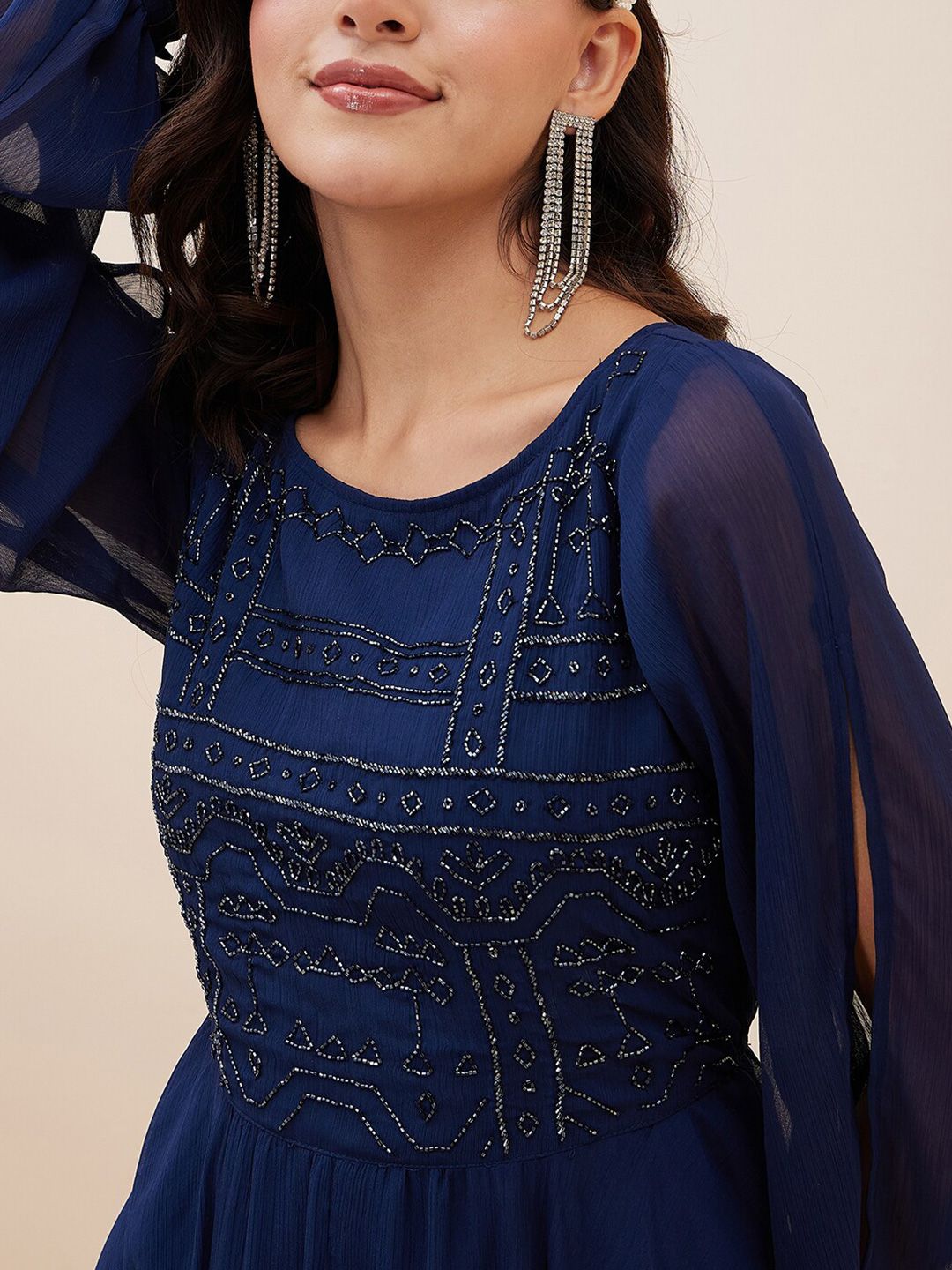 Antheaa Embellished Slit Sleeve Chiffon Fit & Flare Midi Dress