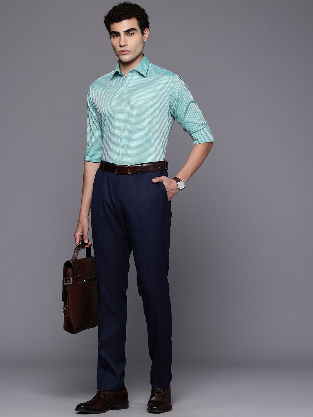 Raymond Pure Cotton Slim Fit Self Grid Tattersall Checks Formal Shirt