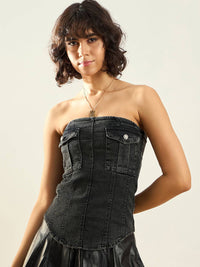 SASSAFRAS Black Strapless Washed Cotton Denim Tube Top