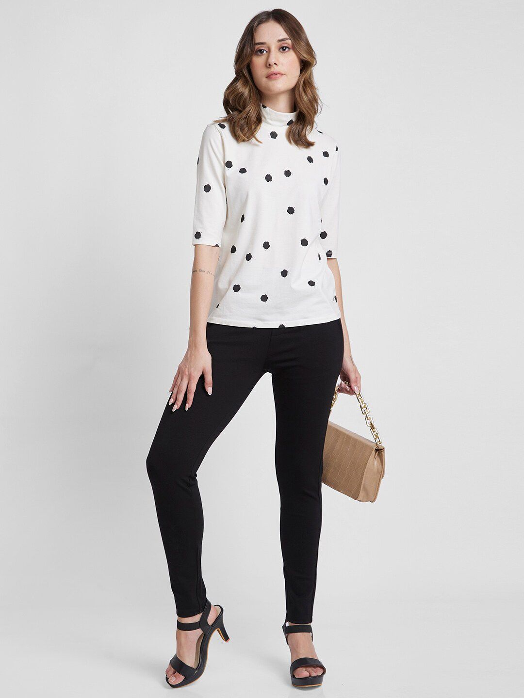 SPYKAR Polka Dots Printed High Neck Cotton Top