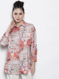 SASSAFRAS Women Beige Comfort Newspaper Printed Casual Shirt