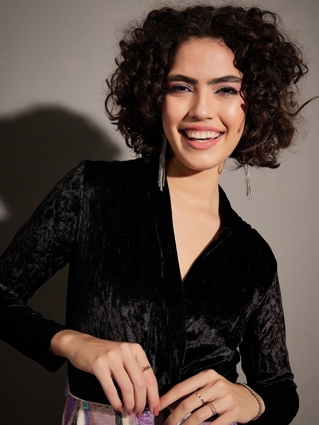 SASSAFRAS Self Design Velvet V-Neck Wrap Bodysuit