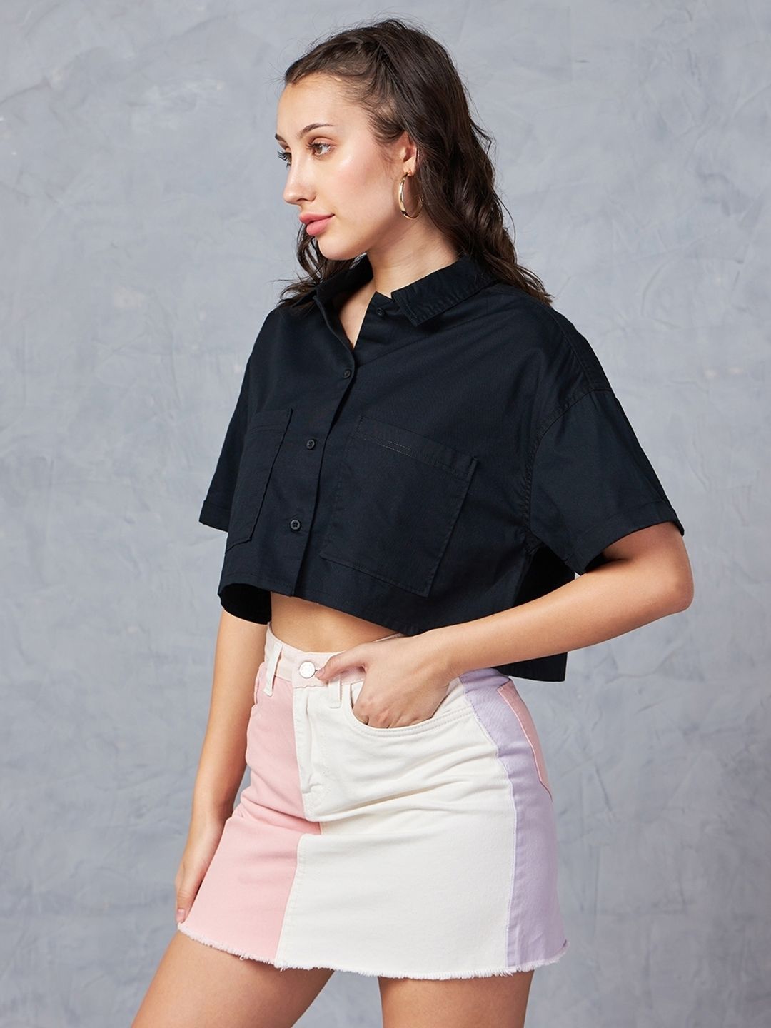 Bewakoof Black Drop-Shoulder Sleeves Cotton Oversized Crop Casual Shirt