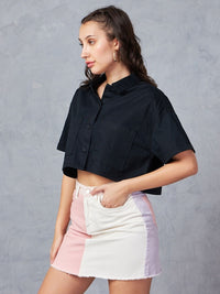 Bewakoof Black Drop-Shoulder Sleeves Cotton Oversized Crop Casual Shirt