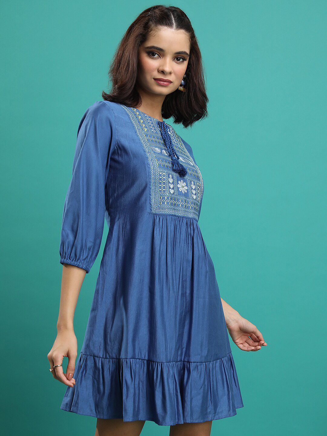 Vishudh Embroidered Tie-Up Neck Puff Sleeves Gathered A-Line Dress