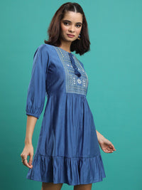 Vishudh Embroidered Tie-Up Neck Puff Sleeves Gathered A-Line Dress