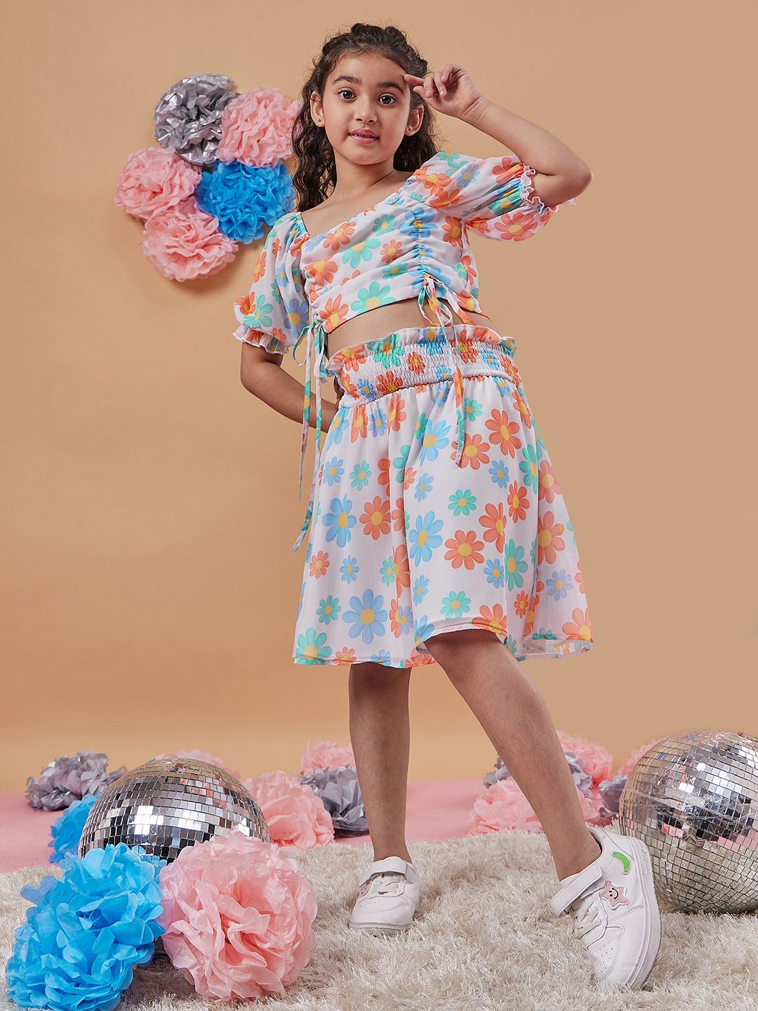 pspeaches Girls Floral Printed Ruched Crop Top With Skirt