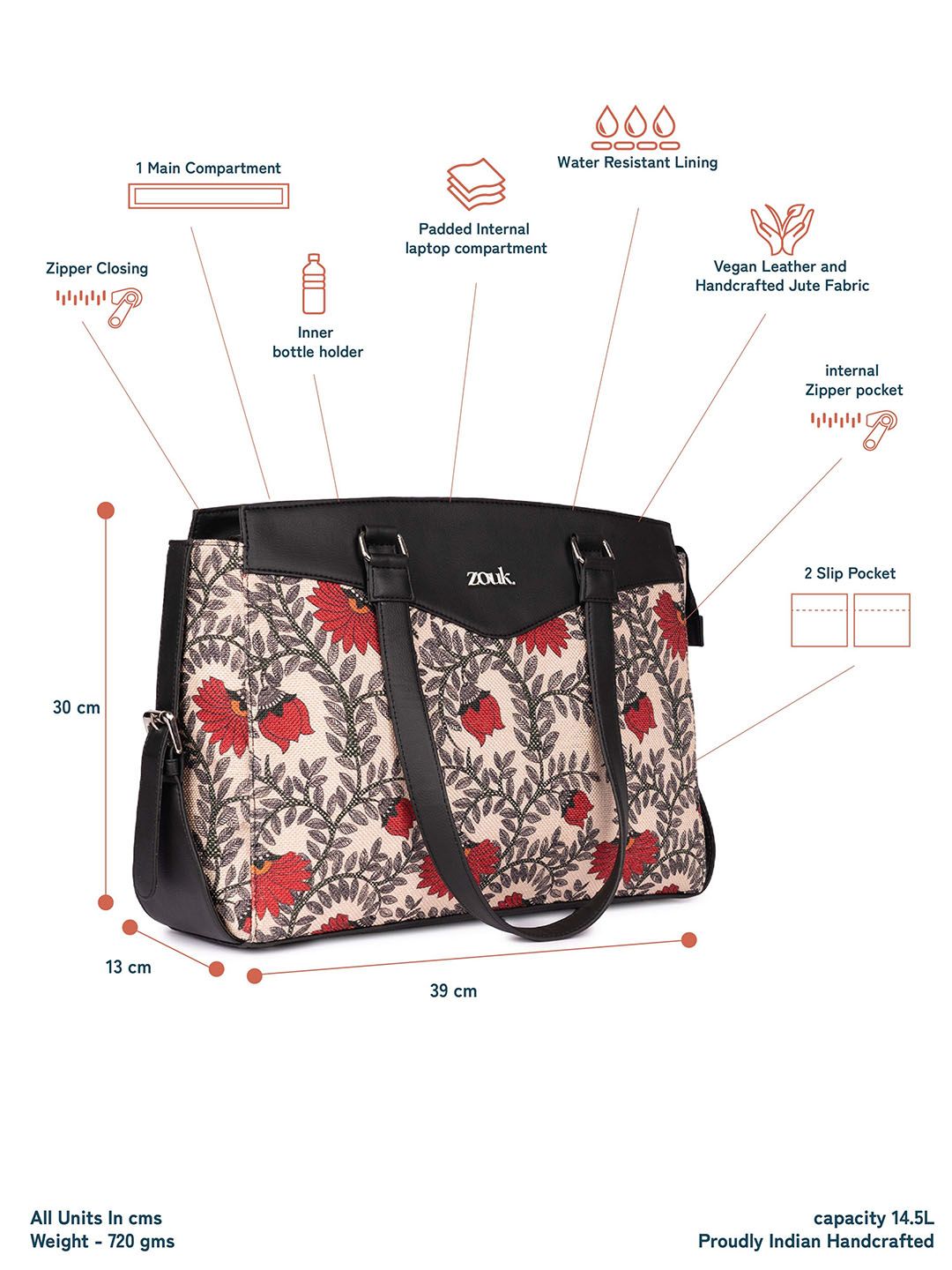 ZOUK Floral Printed Structured Jute Shoulder Bag-Upto 14"