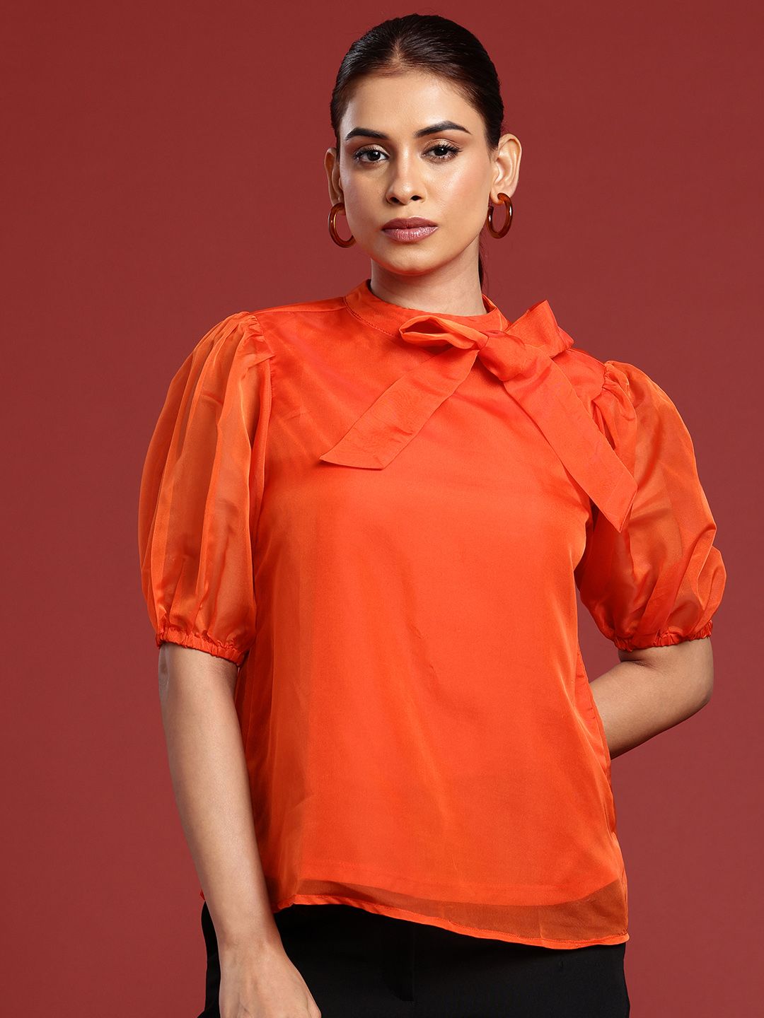 all about you High Neck Puff Sleeves Tie-Ups Detailed Top