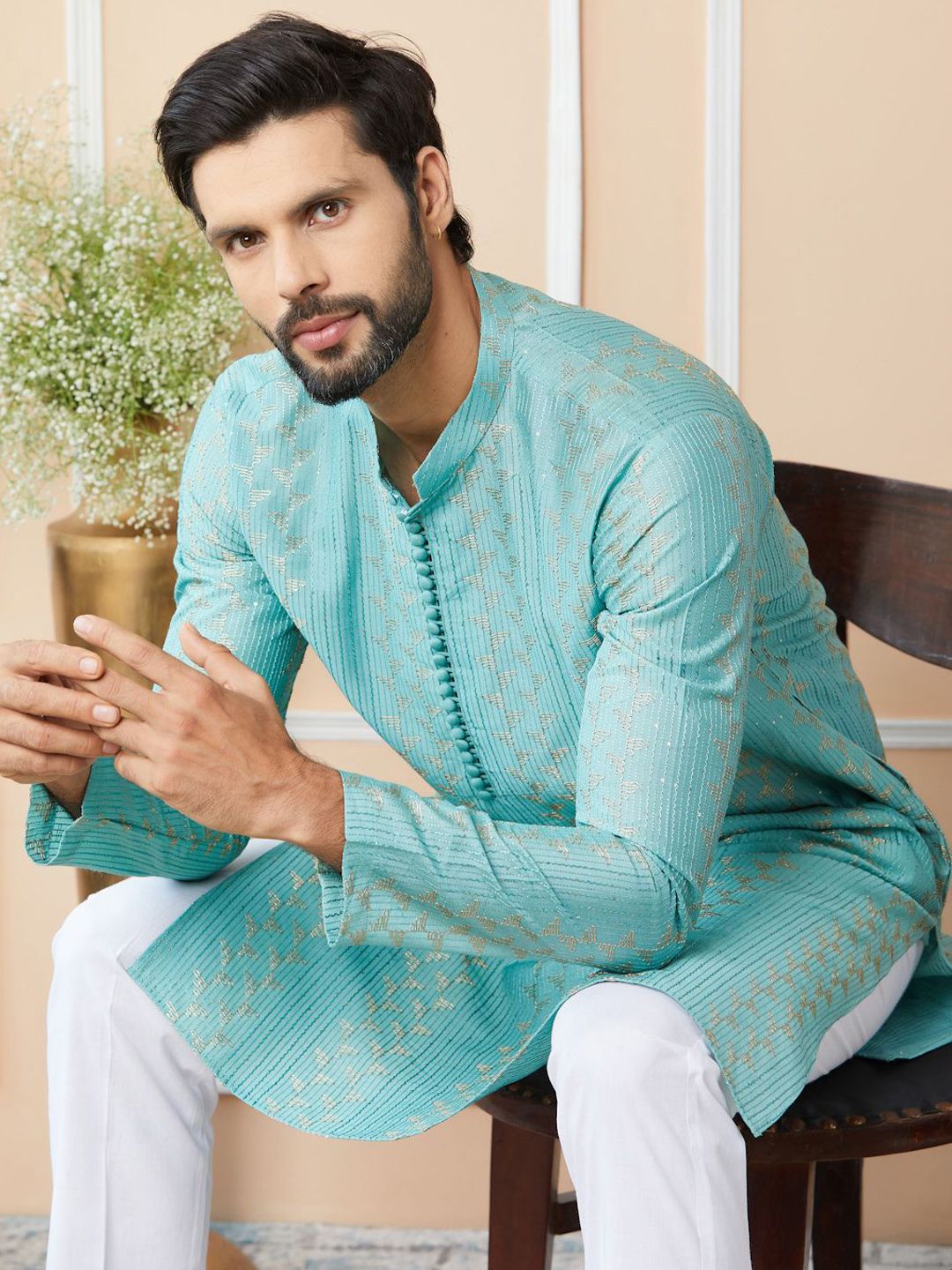 See Designs Mandarin Collar Ethnic Motifs Thread Work Chanderi Silk Kurta