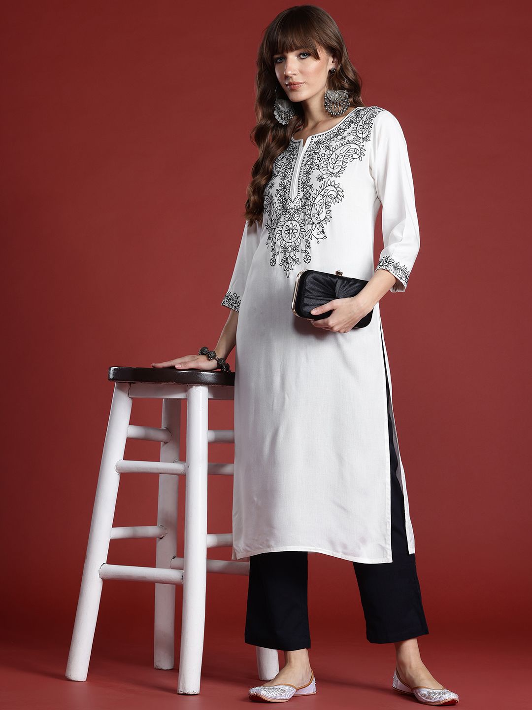 Indo Era Women Floral Embroidered Thread Work Kurta