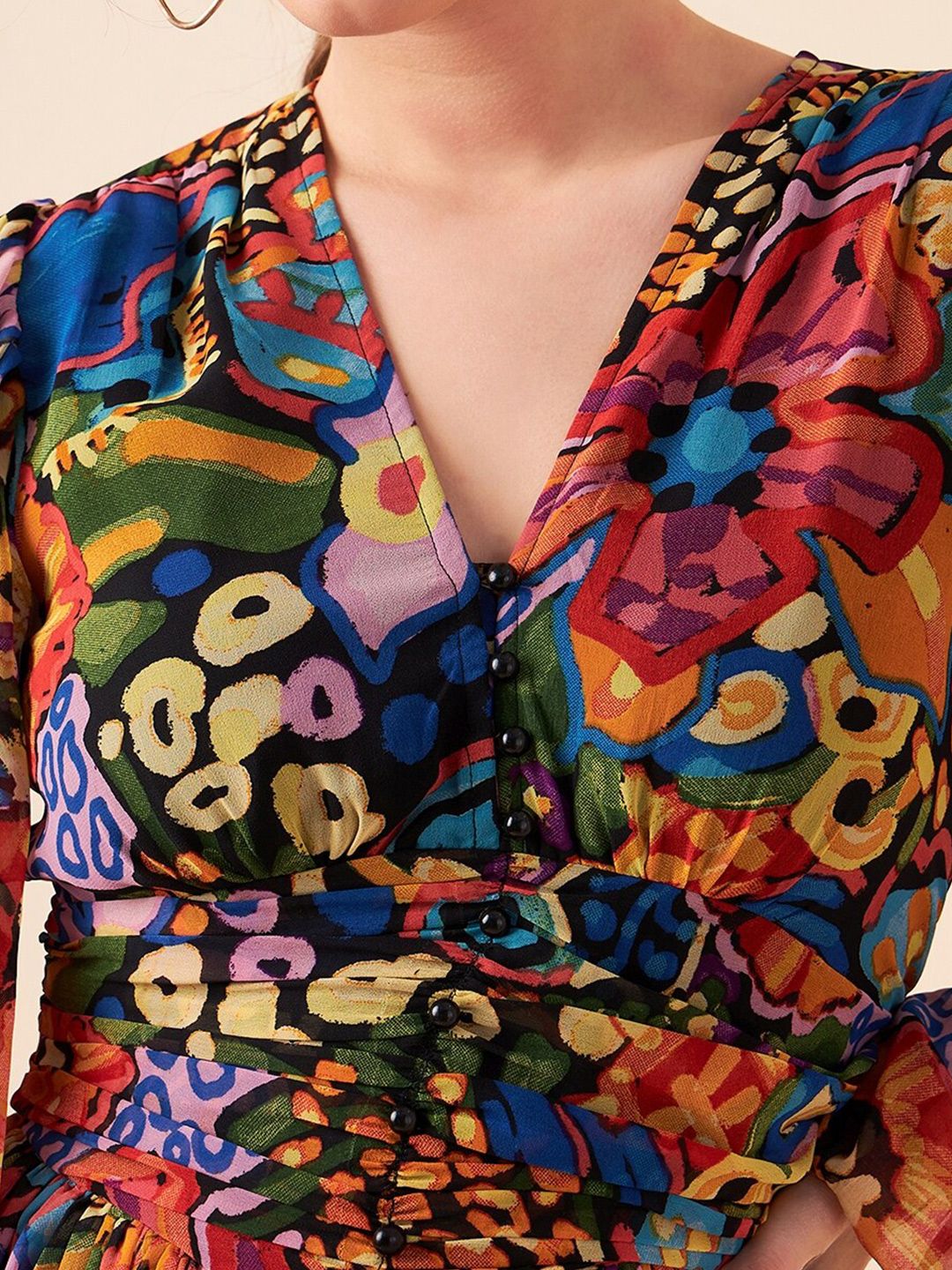 Antheaa Abstract Printed V-Neck Puff Sleeves Fit & Flare Above Knee Dress