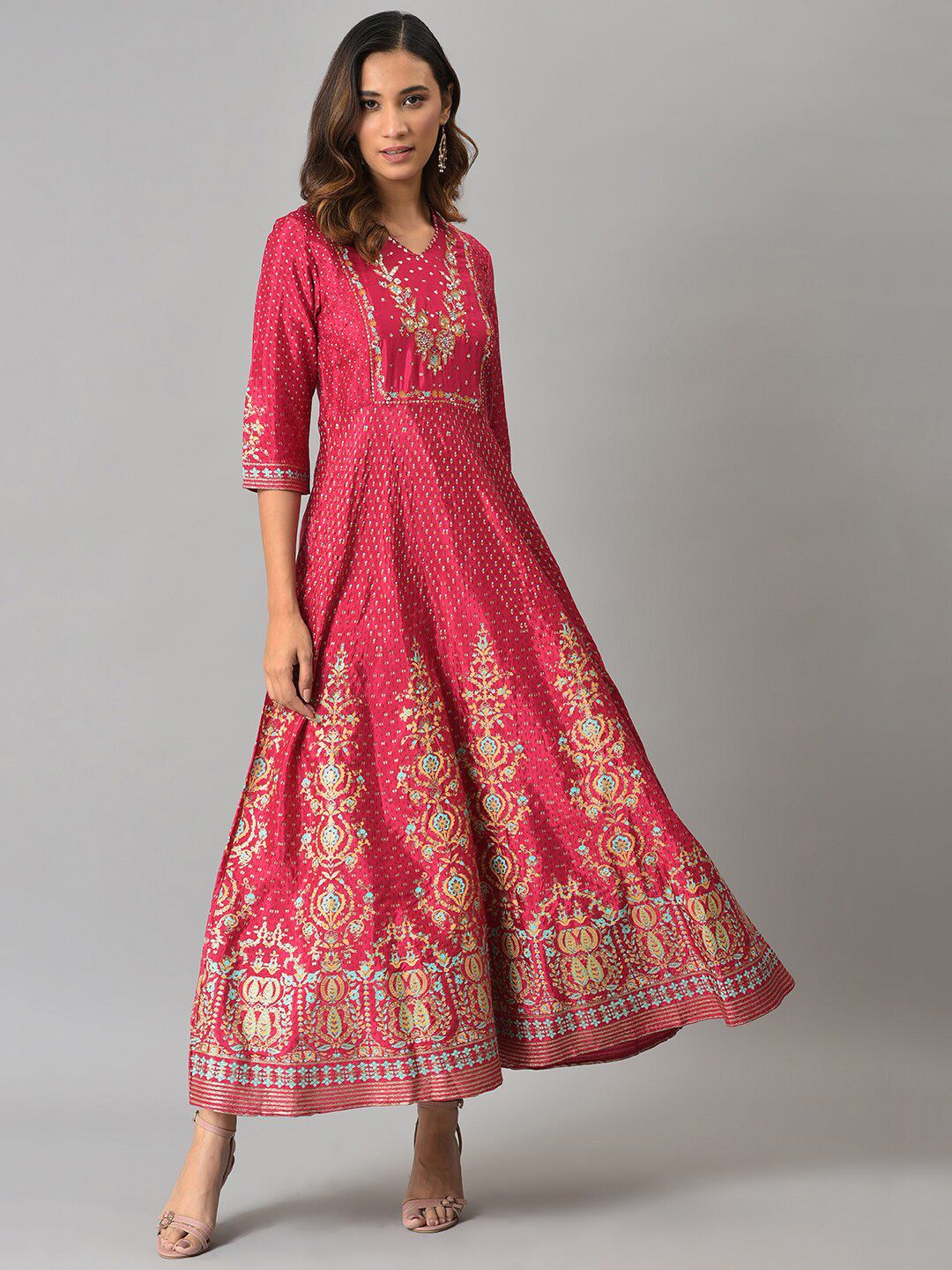 W Women Pink & Blue Ethnic Motifs Printed Maxi Dress