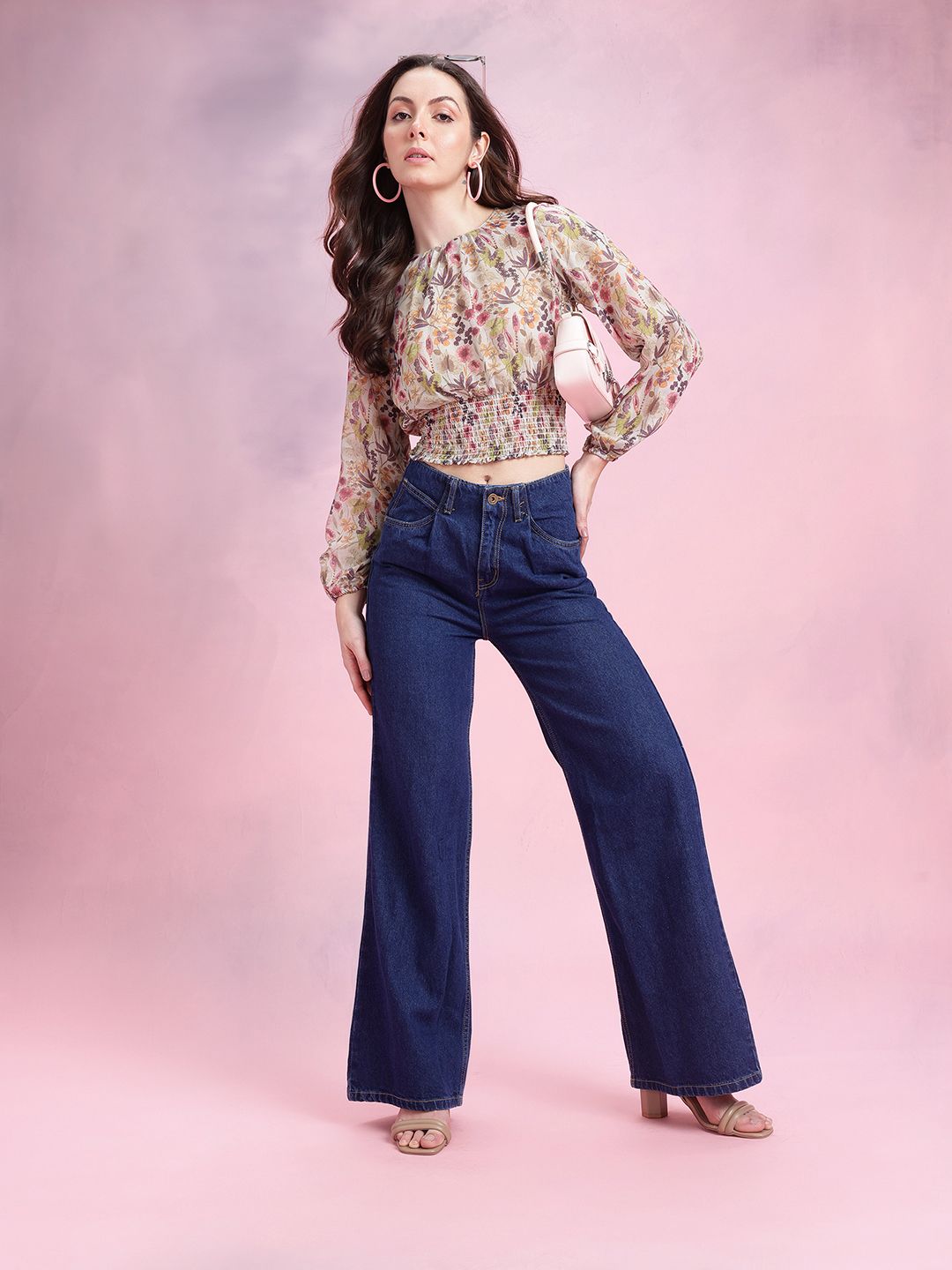 DressBerry Floral Print Cuffed Sleeves Smocked Detail