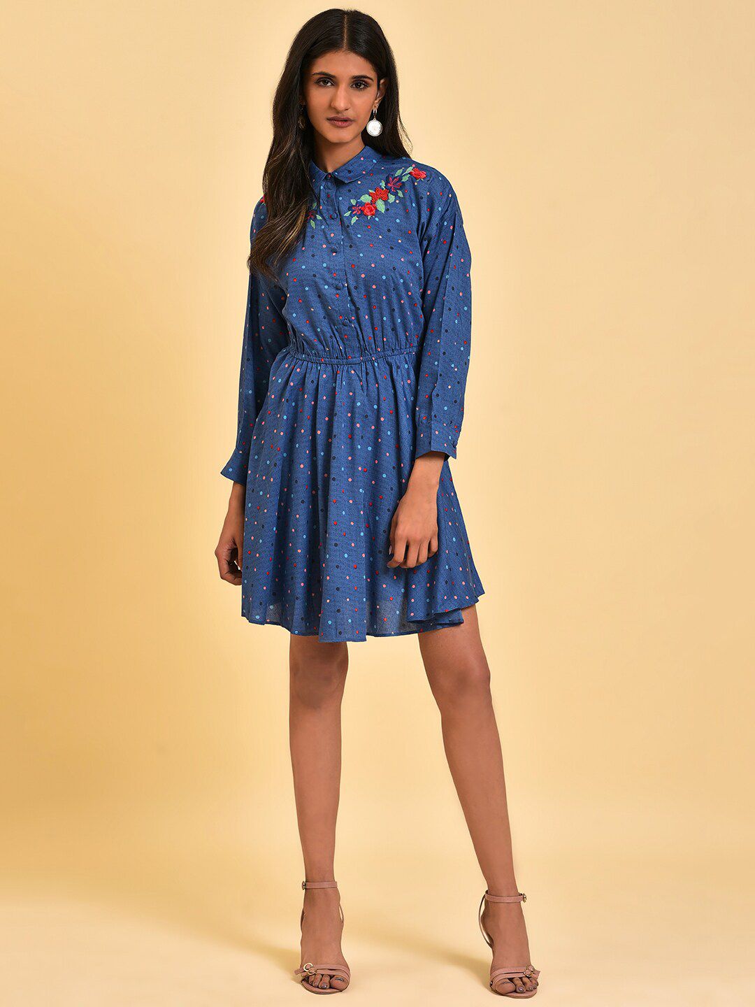 W Blue Polka Dots Embroidered Detailed Shirt Collar  Fit & Flare Dress