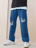 Bewakoof Men High-Rise Mildly Distressed Light Fade Organic Cotton Baggy Jeans
