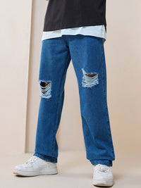 Bewakoof Men's Blue Straight Fit Distressed Mid-Rise Jeans