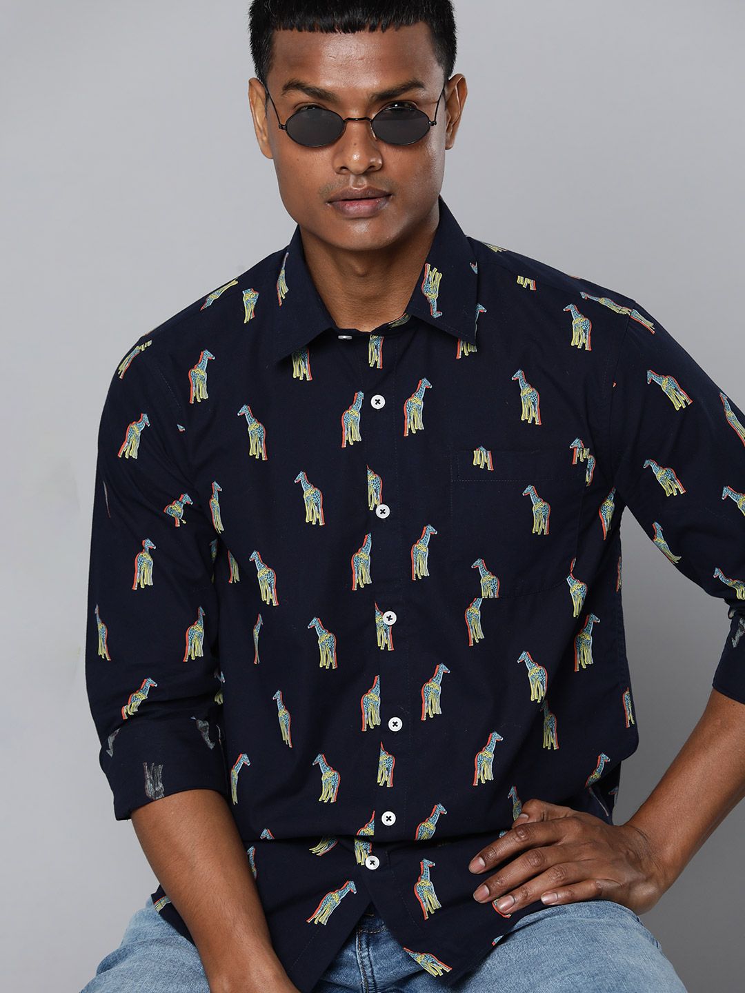 Dennison Men Navy Blue Biasa Cetak Baju Kasual