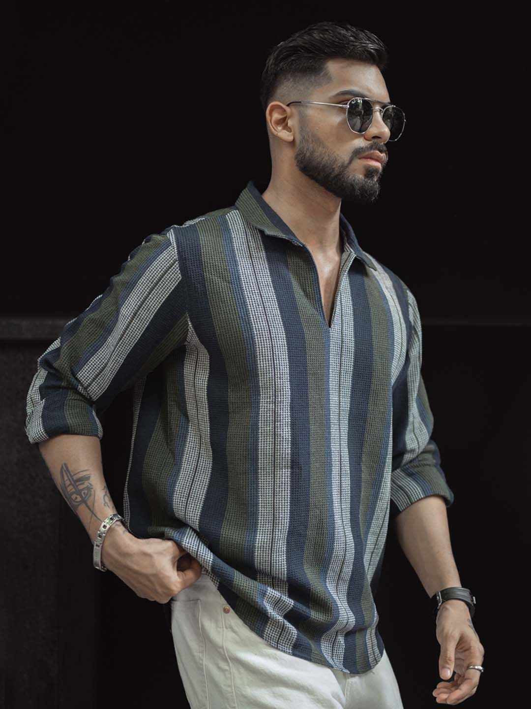 Powerlook Men Spread Collar Multi Striped Cotton Casual Shirt