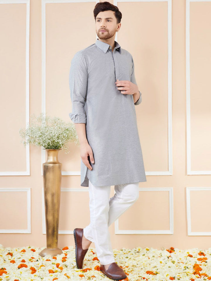 See Designs Shirt Collar Long Sleeves Pure Cotton Pathani Kurta With Pyjamas