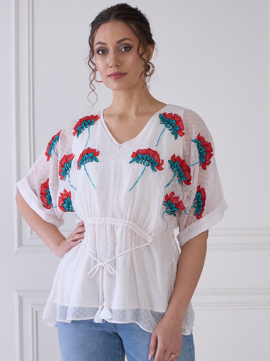 Antheaa Floral Embroidered Extended Sleeves Chiffon Kaftan Top