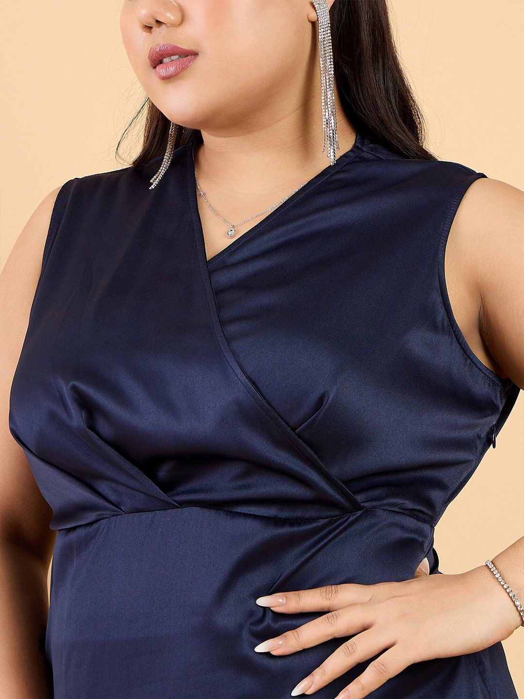 CURVY STREET Plus Size V-Neck Satin Sheath Dress