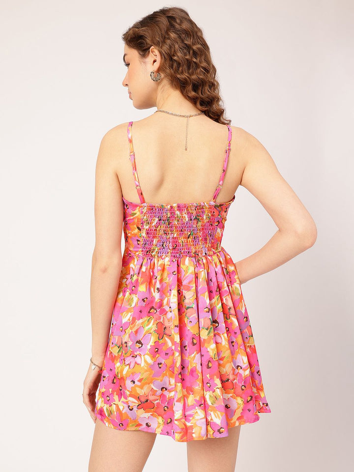 DressBerry Whimsical Florals Smocked Back A-Line Mini Dress