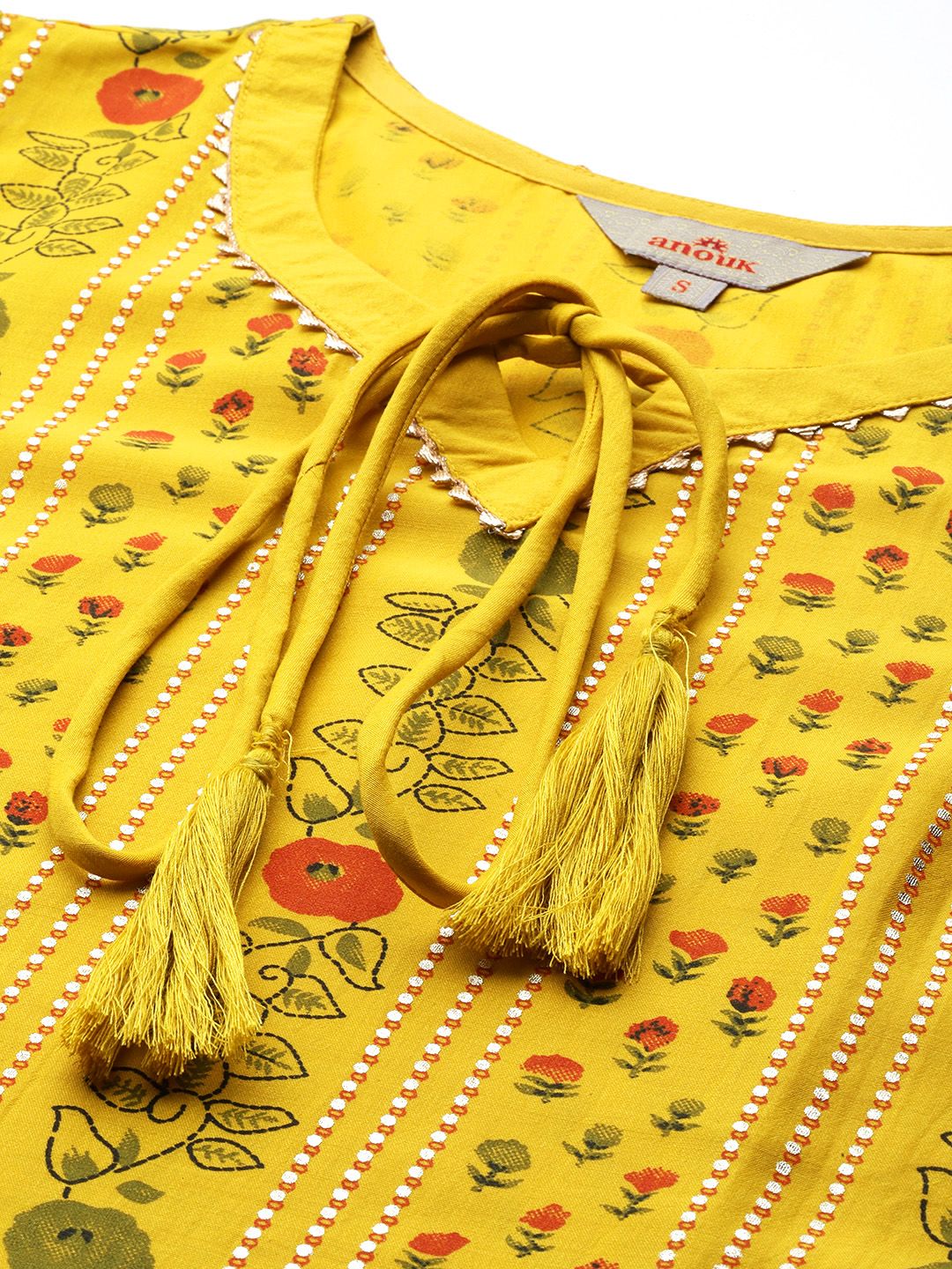 Anouk Floral Printed Tie-Up Neck Calf-Length Straight Kurta