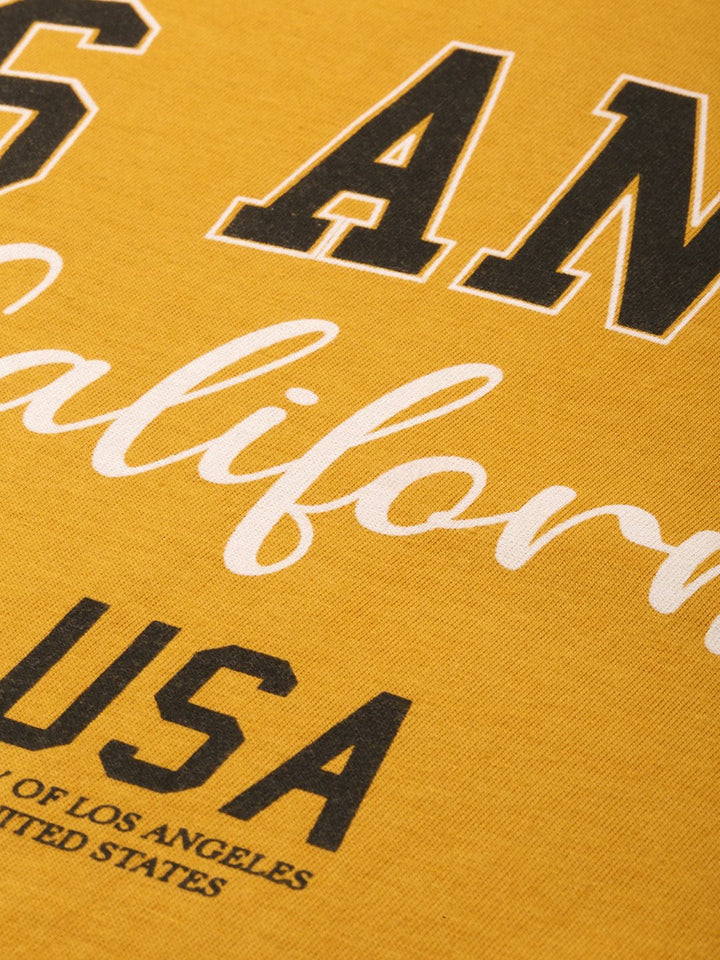 DILLINGER Women Mustard Yellow Typography Printed Drop-Shoulder Sleeves Oversized T-shirt