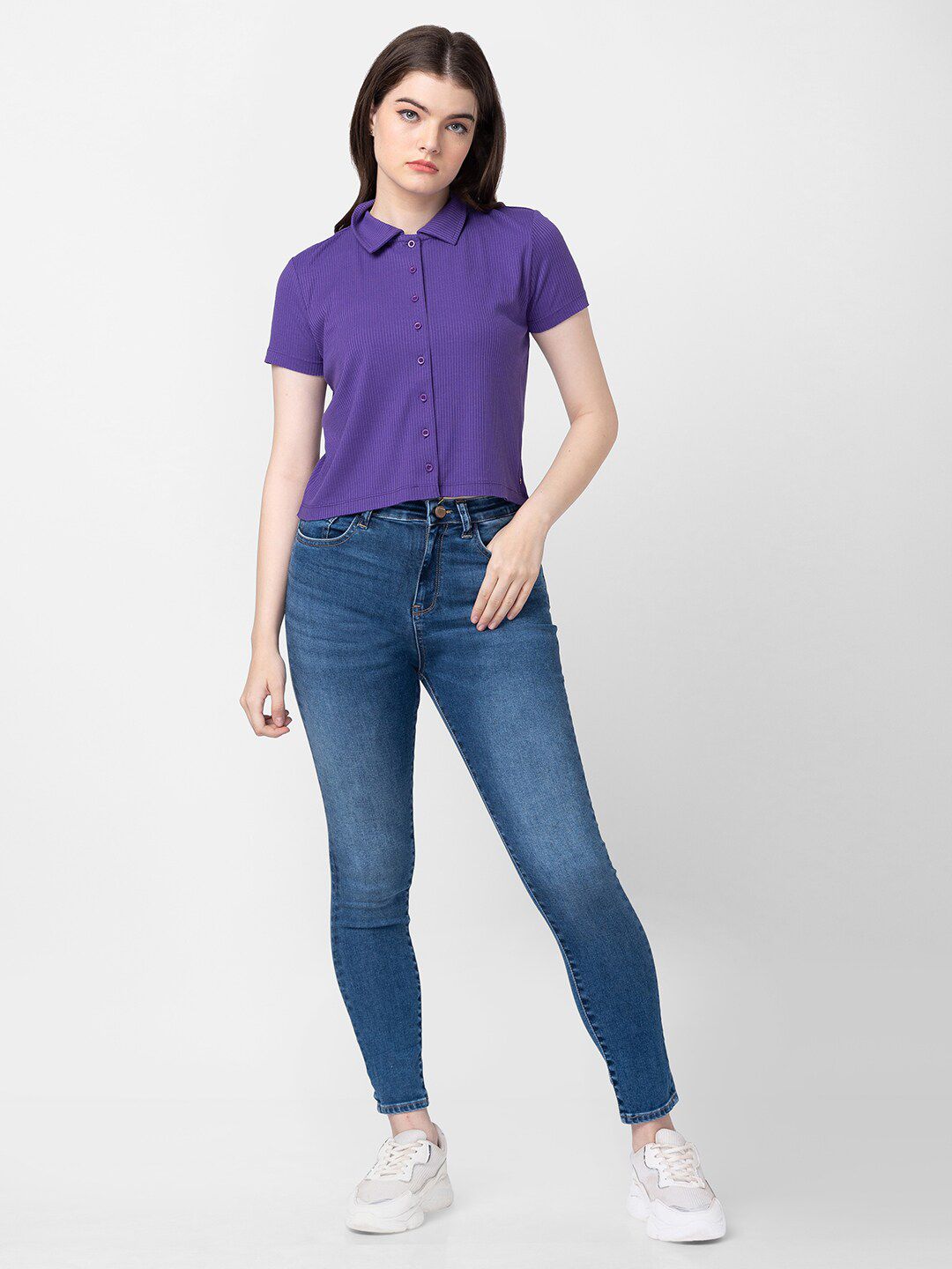 SPYKAR Women Slim Fit Crop Cotton Casual Shirt