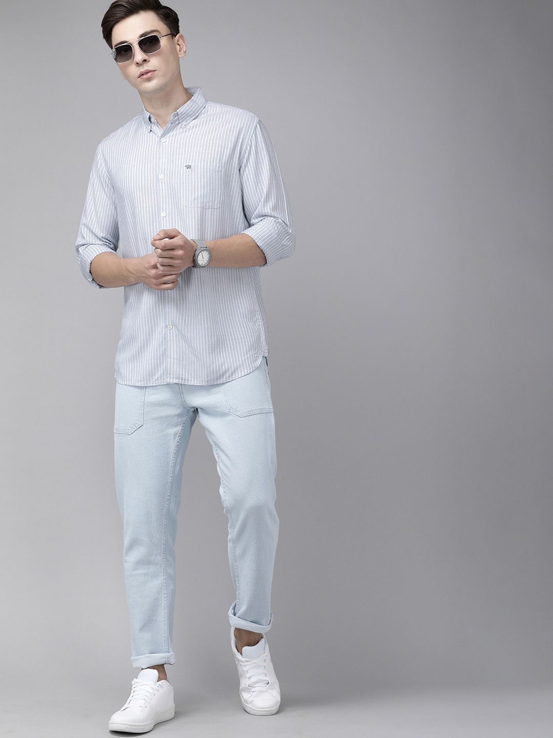 THE BEAR HOUSE Men Blue & White Classic Slim Fit Striped Pure Cotton Casual Shirt