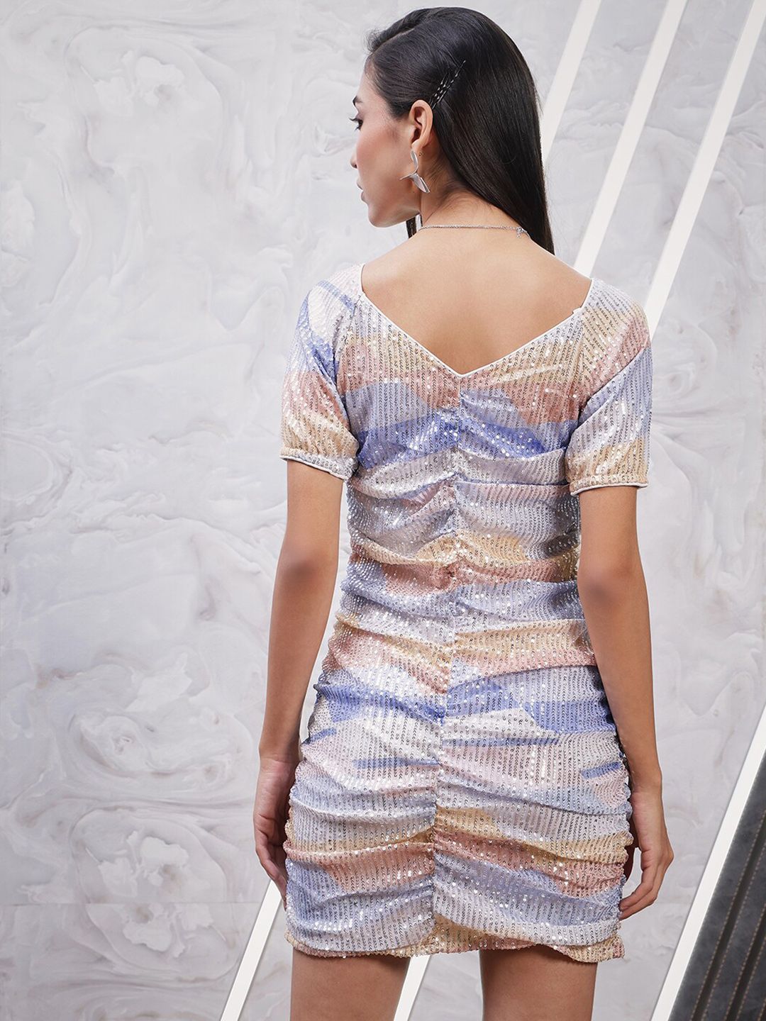 Athena Printed Embellished Sweetheart Neck Bodycon Ruched Dress