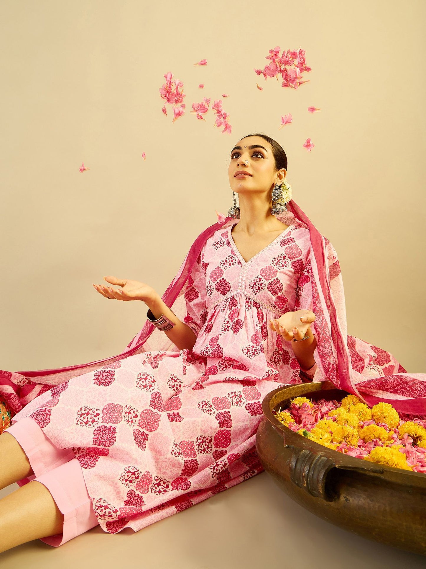 Indo Era Ethnic Motifs Printed Mirror Work Pure Cotton Kurta with Trouser And Dupatta