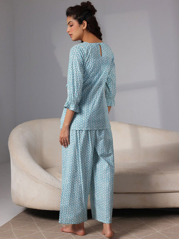 Libas Floral Geometric Printed Pure Cotton Bell Sleeves Tie Up Night Suit