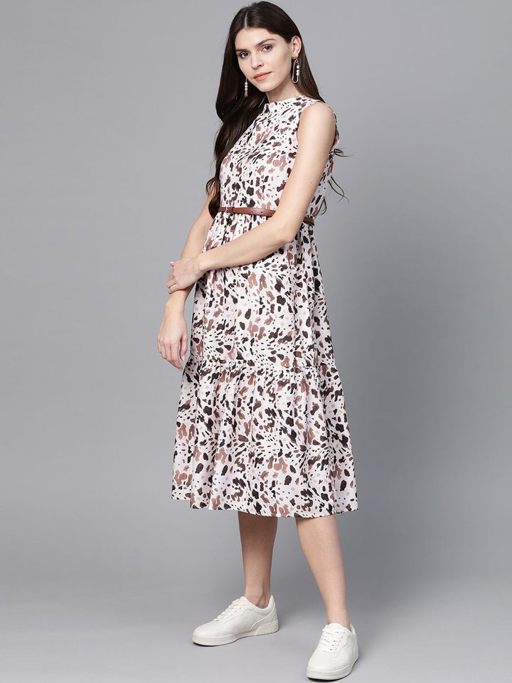 SASSAFRAS Off-White & Brown Leopard Printed A-Line Dress With Belt