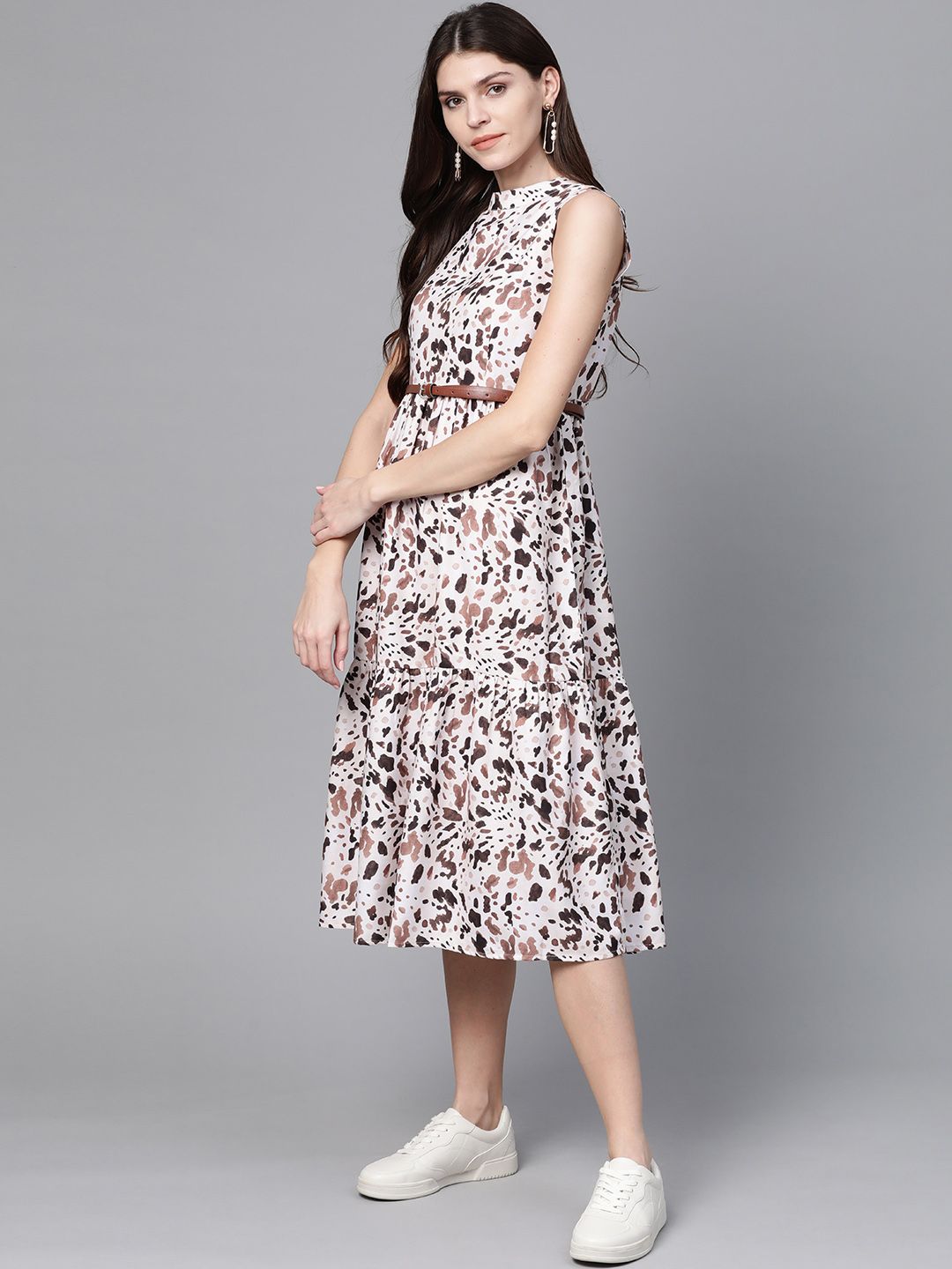 SASSAFRAS Off-White & Brown Leopard Printed A-Line Dress With Belt