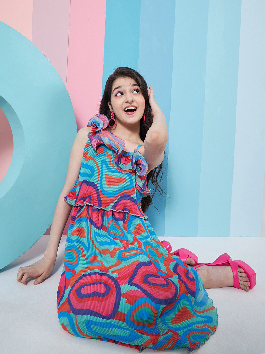 pspeaches Girls Abstract Printed One Shoulder Georgette Fit & Flare Midi Dress