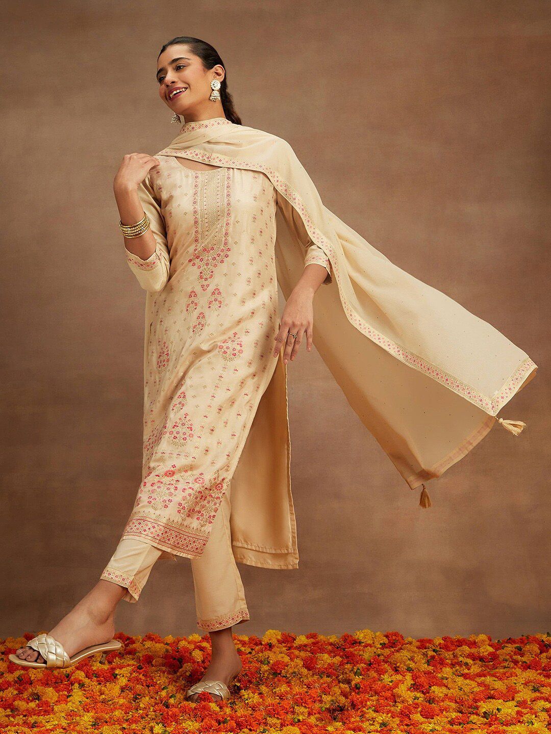 Libas Beige Floral Woven Design Kurta with Trousers & With Dupatta